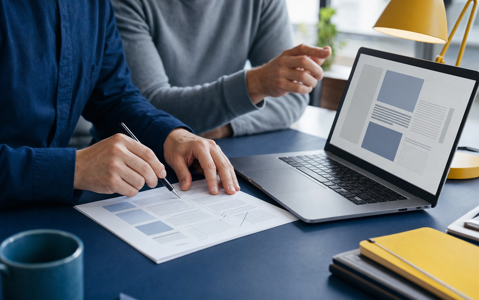 Twee redacteuren beoordelen een digitale tekst en maken aantekeningen op papier