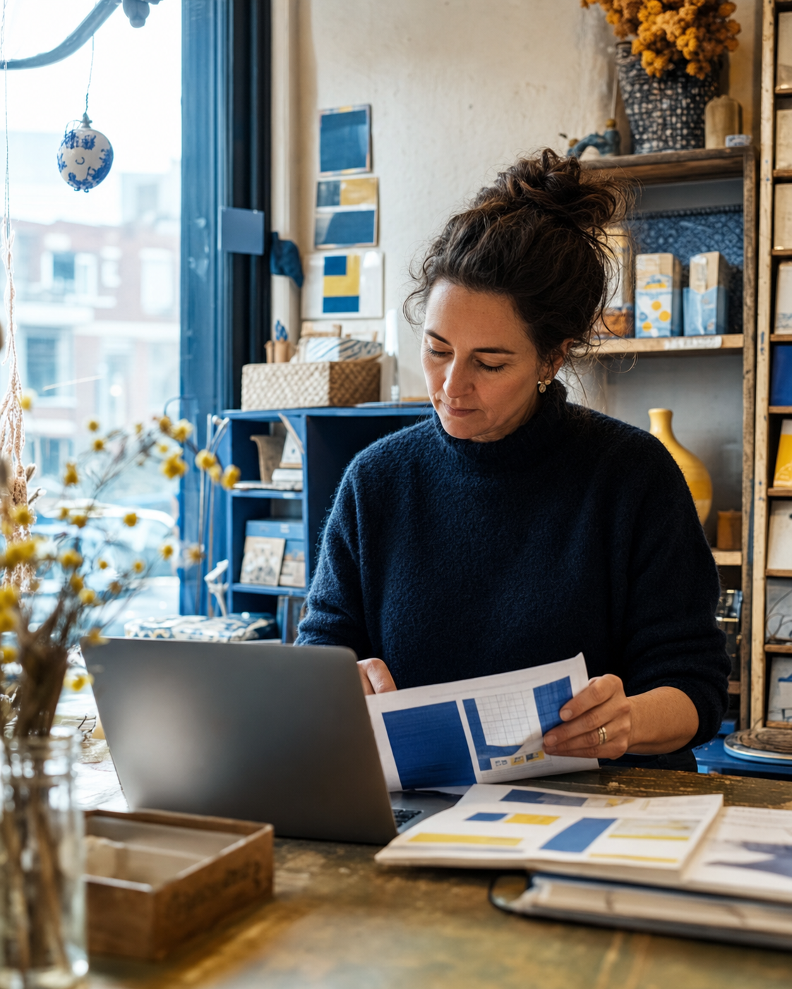 Ondernemer vergelijkt campagnepapieren met een laptop aan een winkelbalie